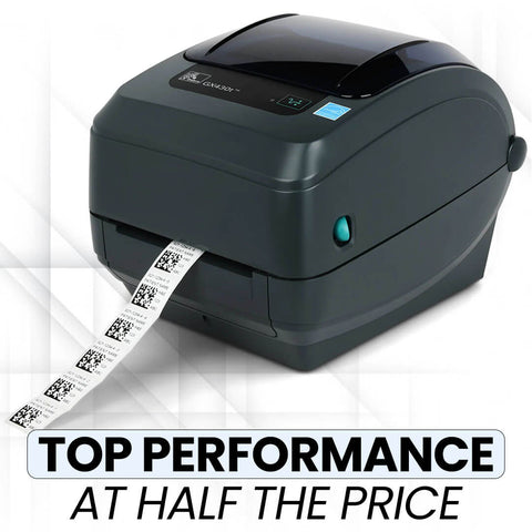 Zebra GX430t Desktop Label Printer Bundle - Monochrome, 300dpi Thermal Transfer, with USB Cable and Microfiber Cloth, Renewed