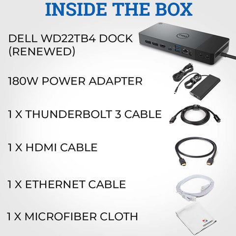 Dell WD22TB4 Thunderbolt 4 Docking Station Bundle - with 180W Power Adapter, HDMI, Thunderbolt 3 and Ethernet Cable & Microfiber Cloth (Renewed)