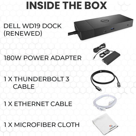 Dell WD19 Docking Station Bundle with USB-C, 180W Power Adapter, HDMI & Ethernet Cable, Microfiber Cloth (Renewed)