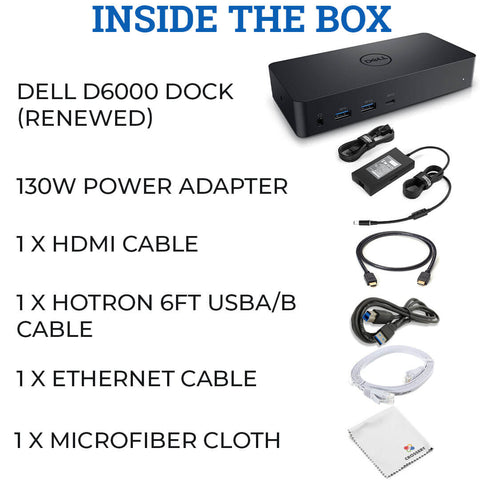 Dell D6000 Docking Station Bundle - HDMI Cable, 130W Power Adapter, USB Printer Cable & Microfiber Cloth (Renewed)